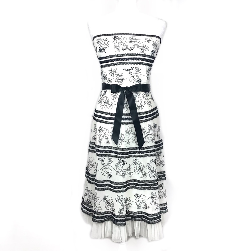 BCBGMaxAzria Black & White Beaded & Embroidered Strapless Cocktail Midi Dress